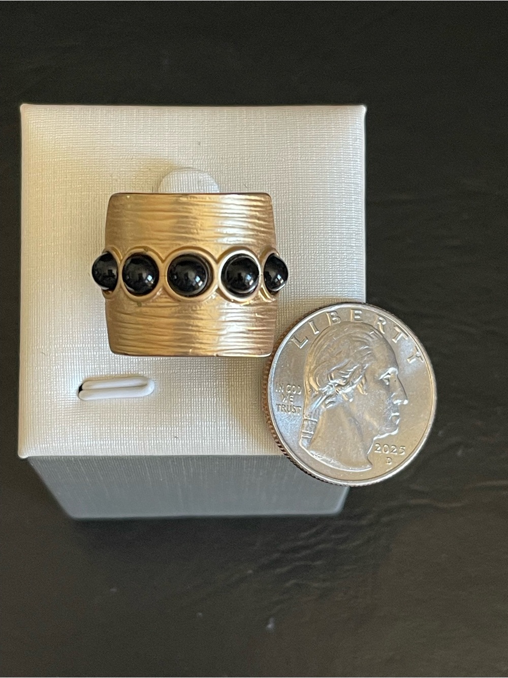 Gold-Tone Wide Band Ring with Black Stone Accents - Picture 2 of 8